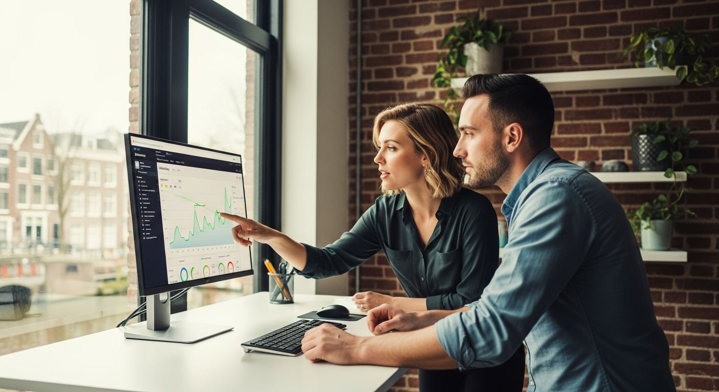 Google Ads specialist analyseert campagnes voor een makelaarskantoor aan een bureau